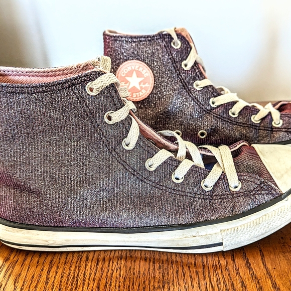 Juniors Converse All Star Purple Pink Metallic High Top Sneakers - Picture 2 of 7